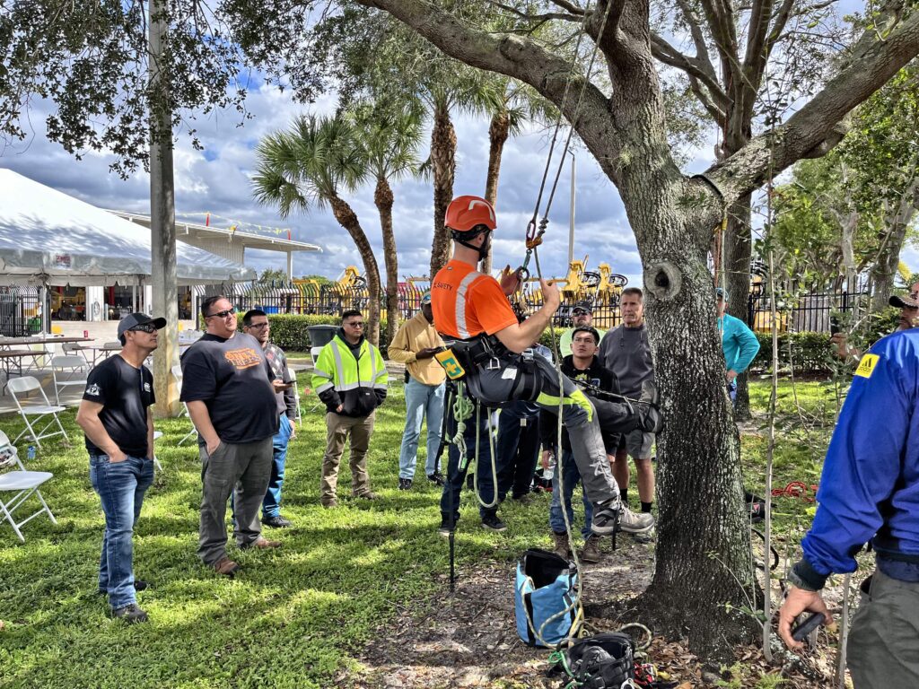 An arborist training session at Vermeer Southeast with attendees gathered around. One instructor, fully equipped with safety gear, is demonstrating climbing techniques using ropes on a large tree, while colleagues observe attentively. The setting features a clear day with construction equipment in the background at a Vermeer facility.