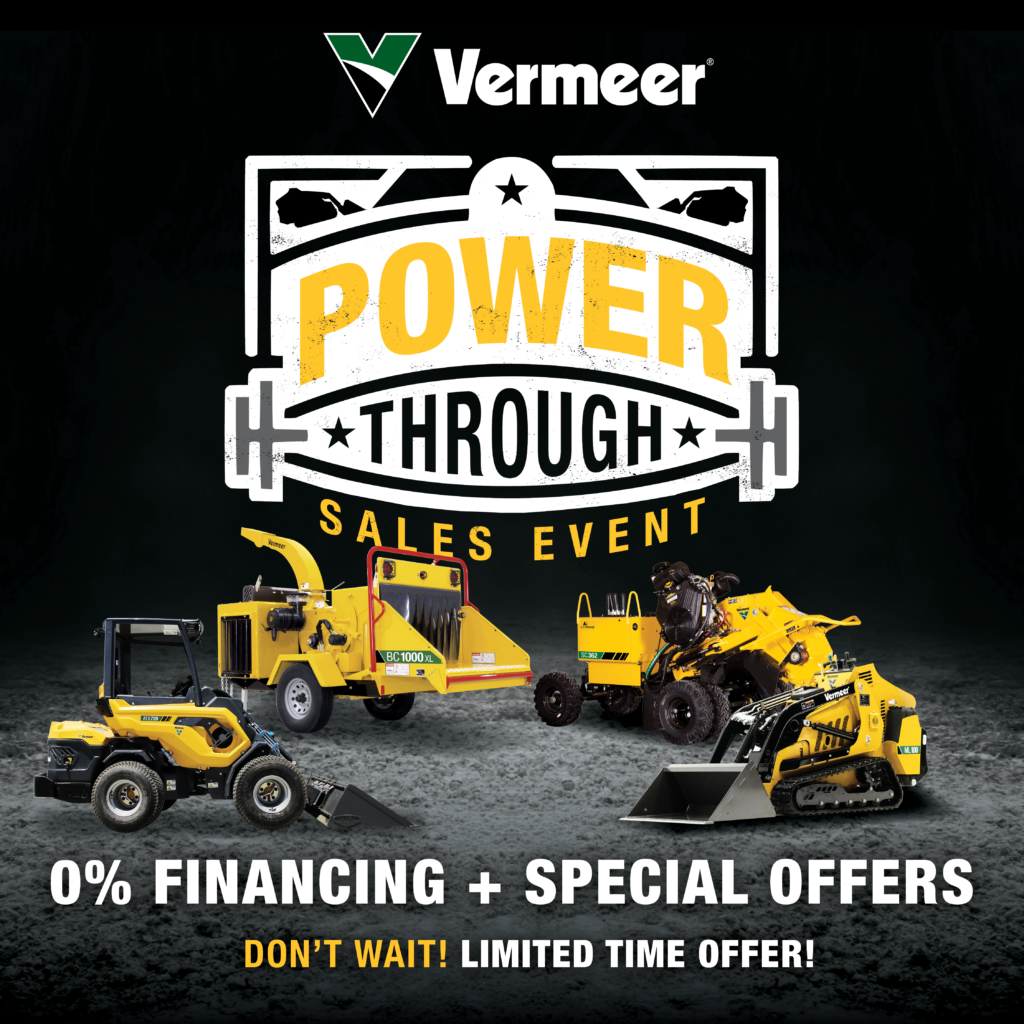 Vermeer Power Through Sales Event promotional graphic featuring a compact loader, skid steer, mini skid steer, and utility tractor with text highlighting 0% financing and special offers for a limited time.